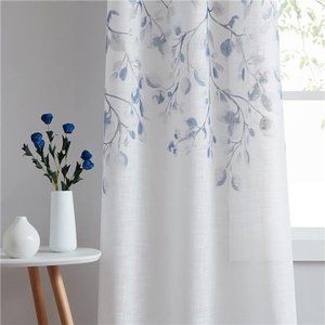 Leaf Floral PrintMetallic Sheer Linen Window Curtain Panel for Rustic LivingRoom